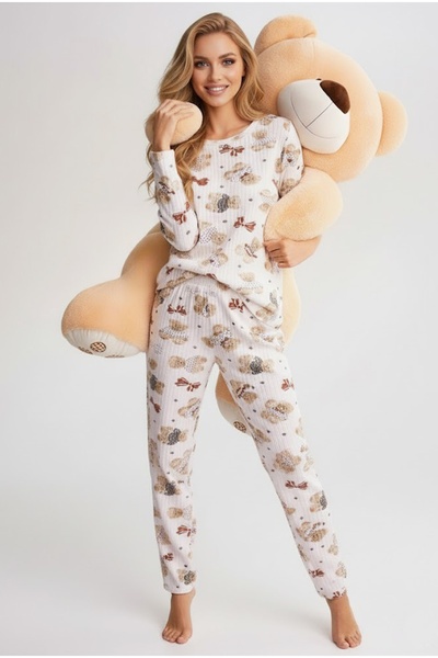 Siyah İnci beyaz ayıcık desenli Yumuşak Tuşe Kışlık Fitilli Pamuklu Örme Pijama Takım 7956
