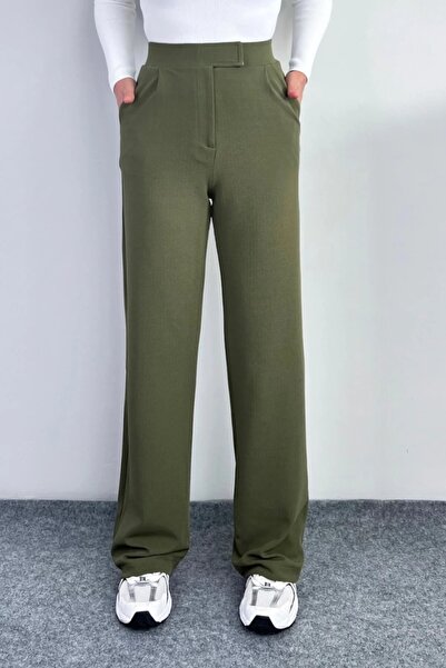 Luvty Kadın Beli Cırt Kapamalı Likralı Bol Paça KIŞLIK Şık Palazzo Pantolon -HAKİ