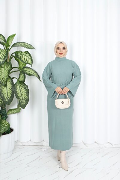 NİSUM MODA فستان محبوك بحزام إسباني