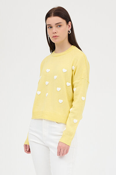 Rays Sarı Kalp Nakışlı Bisiklet Yaka Crop Kazak 2337