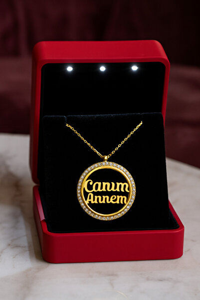 KAR DİAMOND 14 Ayar Altın Zincirli Zirkon Taşlı Canım Annem Yazılı Kadın Kolye - Işıklı Hediye Kutulu