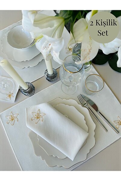Smiling Creations Pure Lily 2 Kişilik Set / Zambak Nakışlı Keten 2 Kişilik Set
