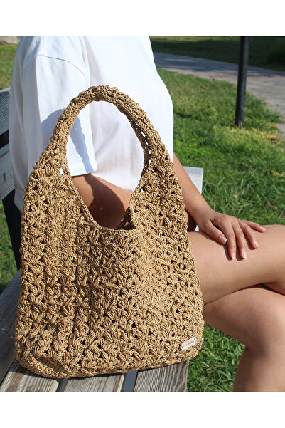 livadesign7 El Örgüsü Hasır Kağıt İp Plaj , Günlük Yaz Modası Çanta
