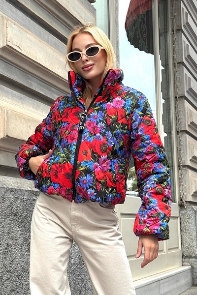 Keyifli Moda Kadın Mavi Dik Yaka Çiçekli Kısa Şişme Mont