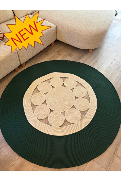 MaVaux Jutella Hasır Krem Ortası Kurabiyeli Jüt Hasır Yuvarlak Modern Salon B...