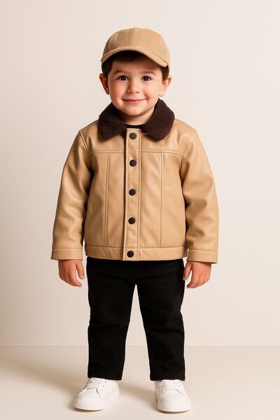 LUESS Unisex Çocuk Oversize Kalıp İçi Pelüşlu Deri Mont (3-4 yaş 8-9 yaş)