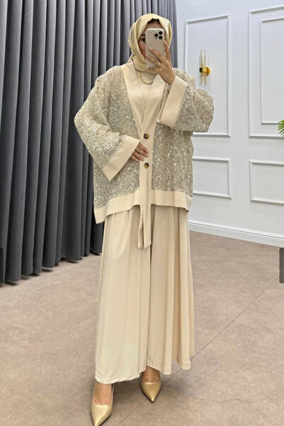 Love Fab 3 lü Işıltılı Hırka Tesettür Pantolon Takım