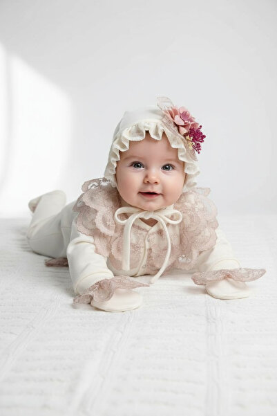 Şeker Tadında Tasarımlar Bonet Şapkalı Pudra Güpürlü Kız Bebek Tulum Seti,mev...