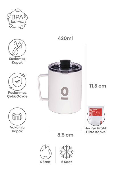 Espressolab Stainless Steel White Metal Mug 420 ml Vacuum Lid Heat Insulated No:90