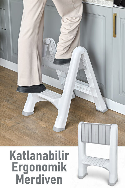 Genel Markalar 2 Basamaklı Merdiven Plastik Hafif Mutfak Tezgah Perde Merdiveni - Beyaz