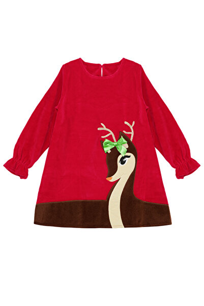 Denokids Yavru Geyik Kız Kadife Kırmızı Yılbaşı Elbise