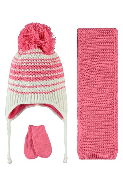 Kitti Kız Bebek Atkı Bere Eldiven Seti 0-18 Ay Krem