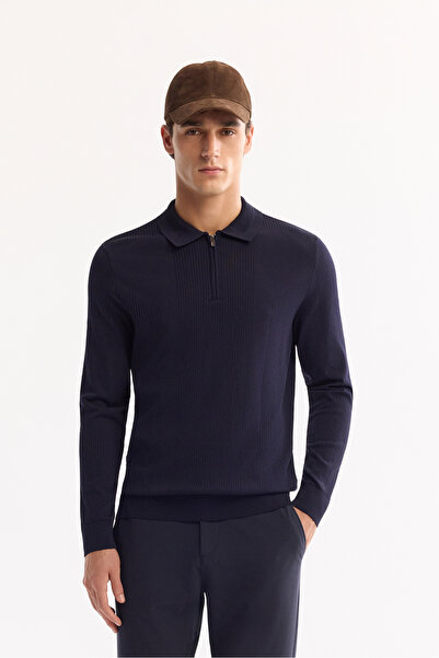 Avva Erkek Lacivert Polo Yaka Fermuarlı Rayon Tüylenmeyen Dokulu Triko Regular Fit Kazak A52Y5019