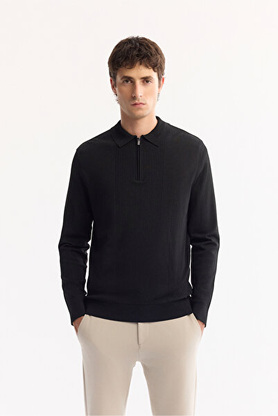 Avva Erkek Siyah Polo Yaka Fermuarlı Rayon Tüylenmeyen Dokulu Triko Regular Fit Kazak A52Y5019