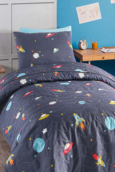 Eponj Home Kapitone Yatak Örtüsü Seti Tek Kişilik Uzay Lacivert