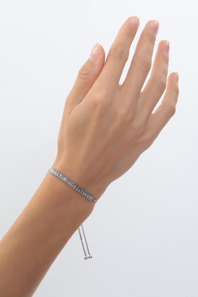 Bijuty Zircon Stone Adjustable Baguette Bracelet - Silver Color - (with Surprise Gift)