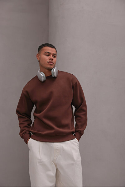 GIA - ART Ανδρικό φούτερ oversized Basic Brown – Crew Neck, 3 Thread Ş επένδυση fleece Fleece