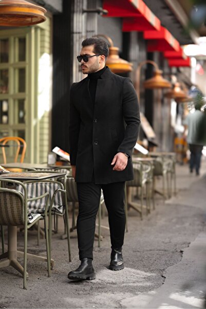 Ser Joven Pánský černý kabát Slim Fit s límečkem