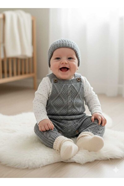 meriç bebe - bütün çocuklar melektir. mrc Baby Girl and Boy Adjustable Strap Diamond Pattern Beret Knitwear Salopet Set