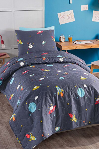 Eponj Home Kapitone Yatak Örtüsü Seti Tek Kişilik Uzay Lacivert