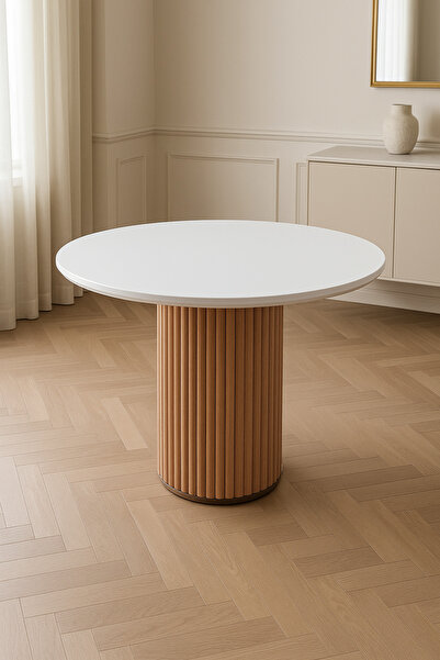 Atolye Casa 103x103cm Beyaz Yuvarlak MDF Mutfak Masası Balkon Masası Otantik Model