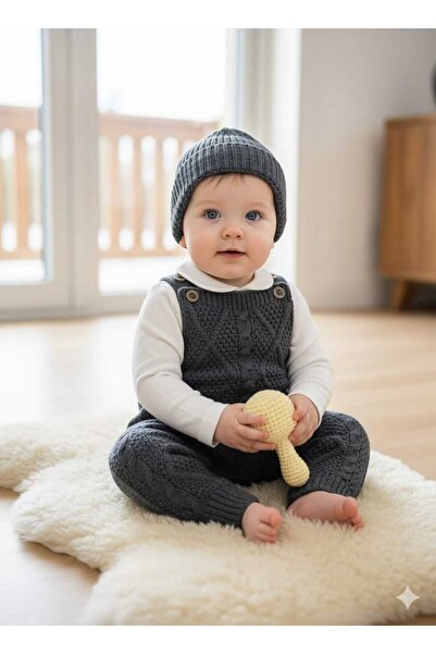 meriç bebe - bütün çocuklar melektir. mrc Baby Girl and Boy Adjustable Strap Diamond Pattern Beret Knitwear Salopet Set