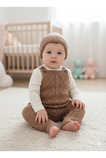 meriç bebe - bütün çocuklar melektir. mrc Baby Girl and Boy Adjustable Strap Diamond Pattern Beret Knitwear Salopet Set