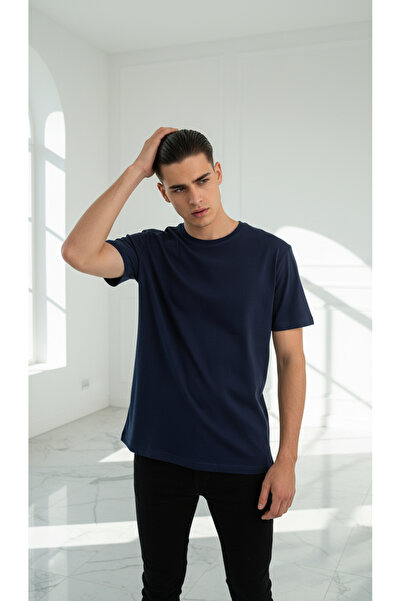 Mood Lab Unisex Navy Blue Plain 100% Cotton Crew Neck Basic T-Shirt