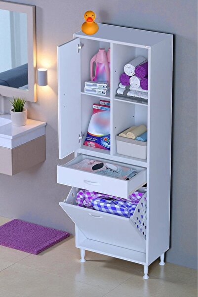 Modilayn Kayra 1 Çekmece 1 Kapak 1 Sepetli 8 Raflı Çok Amaçlı Dar Alan Banyo Dolabı Organizer 55x173x32,5 cm