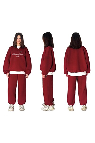 The Champ Clothing Unisex oversized Ullusion Champ με τύπωμα Σετ αθλητικής φόρμας μπορντό – Ελαστική μέση και πόδια, μισό φερμουάρ