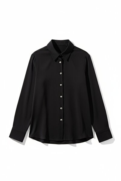 Cochines Kadın Siyah Hafif Dökümlü Oversize Saten Yüzeyli Şık İş Kadını Uzun Kollu Gömlek