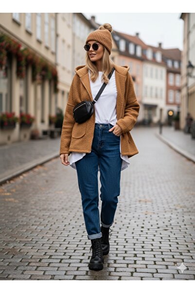 Store Kadın İtalyan Düz Desen Fermuarlı Keçe Kaban