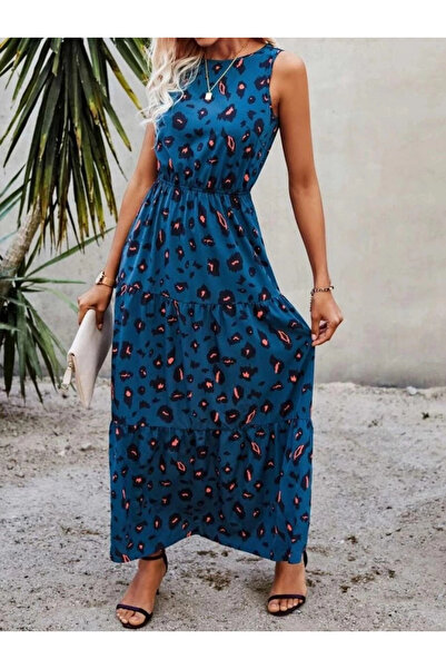 HanZone Women's Sleeveless Crew Neck Elastic Waist Patterned Single Jersey Dress