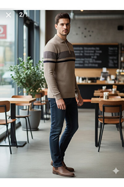 güncüoğlu Polo Collar Zippered Honeycomb Patterned Steel Knitted Men's Sweater