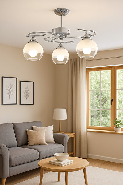 Uçar İlay Modern Tasarım Salon Mutfak Yatak Odası Krom Renk Beyaz Şeffaf Camlı 3 lü Avize