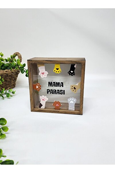 happy mountains Kedi Pati Desenli Mama Parası Yazılı Kumbara Kahverengi Ahşap Hazneli Hediyelik Kumbara