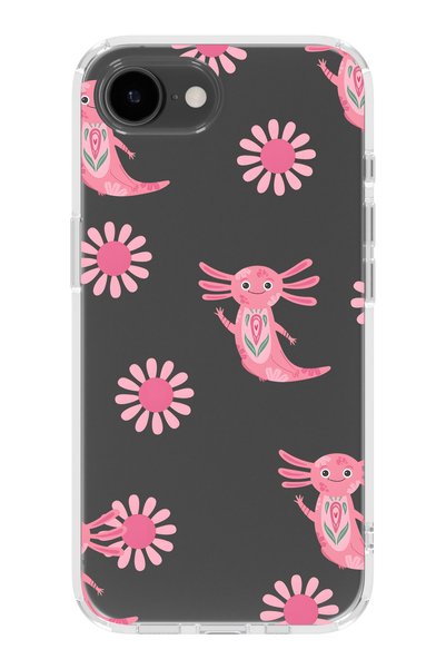 FLAMENKO iPhone 16E Compatible Pink Axolotl Pattern Transparent Phone Case
