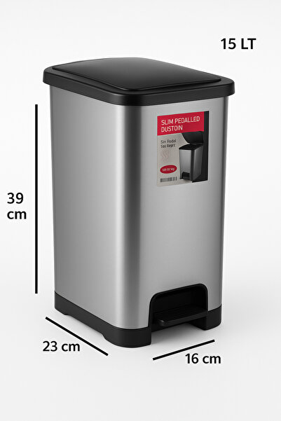 Store Siyah Kapaklı Slim Pedallı Plastik Gri Çöp Kovası 15 Lt