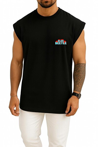 Bahriyeli Collection Oversized Blue Beetle Tank Top with Pocket and Back Design
