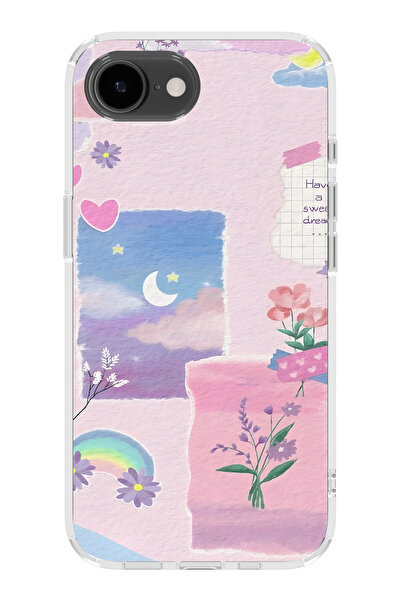 FLAMENKO حافظة هاتف شفافة متوافقة مع iPhone 17E بتصميم باستيل زهري وقمر وقوس ...