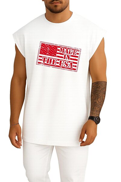 Bahriyeli Collection Oversize United States Rubber Stamp Drawing Chest Design Tank Top