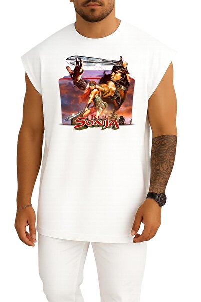 Bahriyeli Collection Oversize Red Sonja Conan the Barbarian Tank Top with Chest Design