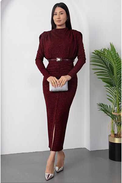 Afiş Butik Bordo Simli Vatkalı Yırtmaçlı Kemerli Elbise