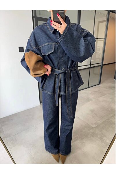 Perryes Női nyakkendős farmer öltöny, túlméretezett kabát és nadrág