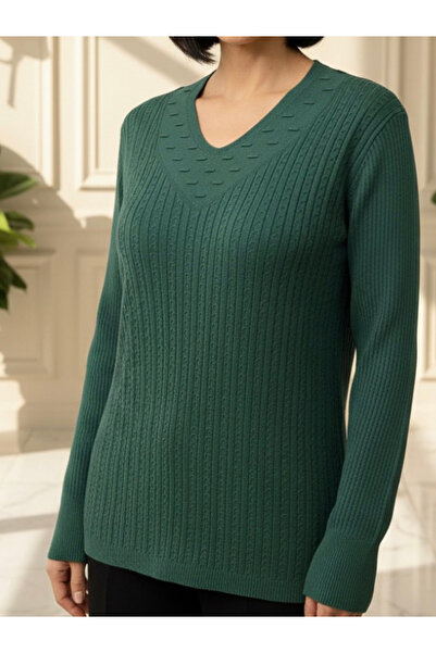 TEK Tricotaj Bluză cu decolteu în V cu model de împletitură de păr / Verde