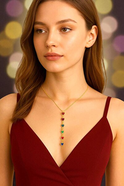 şinda takı ince zincir SF ve kalpli renkli taşlı Y kolye - ince zincirli tren...