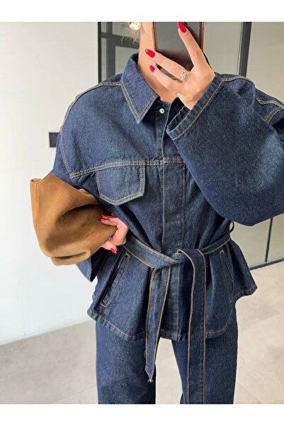 Perryes Női nyakkendős farmer öltöny, túlméretezett kabát és nadrág