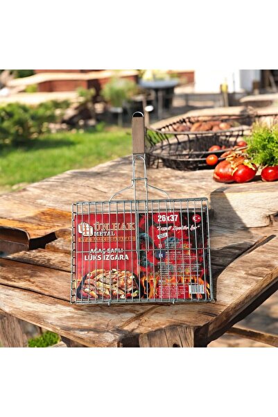 YILMAZNARGİLE Izgara 26x37 cm,Ağaç Saplı Tel Izgara,Kamp Mangal,Et-Balık-Tavu...