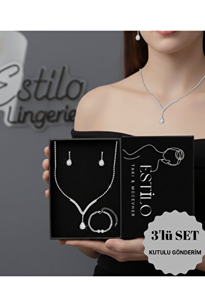 Estilo Lingerie Beyaz Damla Taşlı Hürrem Sultan Takı Seti Hediye Takı Seti