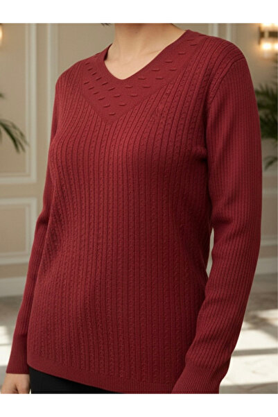 TEK Triko V Yaka Saç Örgü Desenli Bluz / Bordo